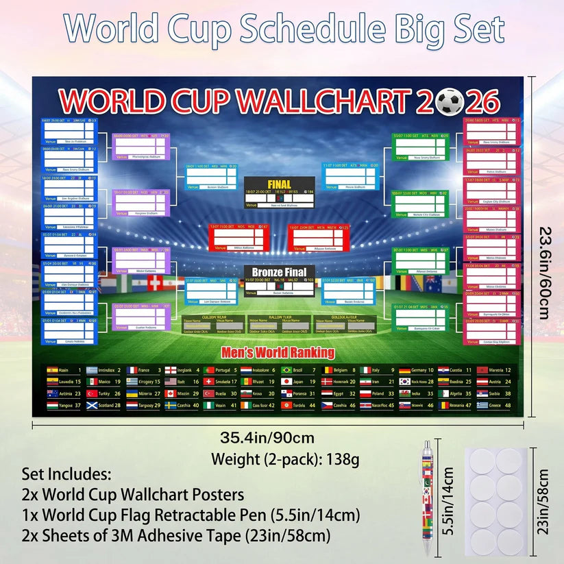 🗓️⚽ World Cup Wall Chart 2026 Poster Set – Don't Miss a Match! - Marker Pen & Mounting Strips Included 🔥🔥